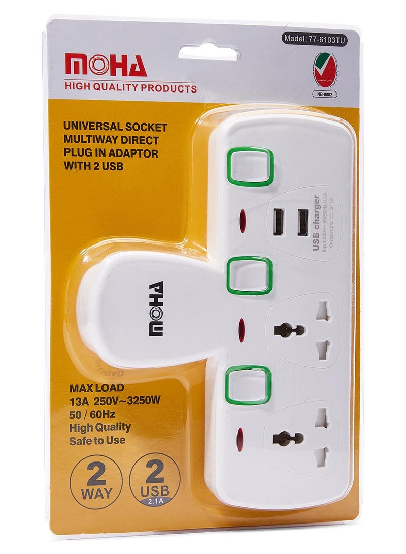 موها سلك تمديد طاقة بمقبسين مع منفذين USB أبيض - Image 1