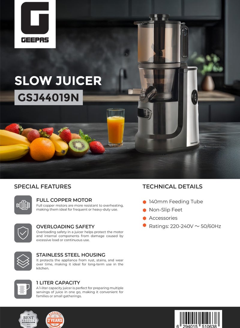 جيباس عصارة ماستيكيتينج بالعصر البطيء 1 L 200 W GSJ44019UK أسود/شفاف  - Image 3