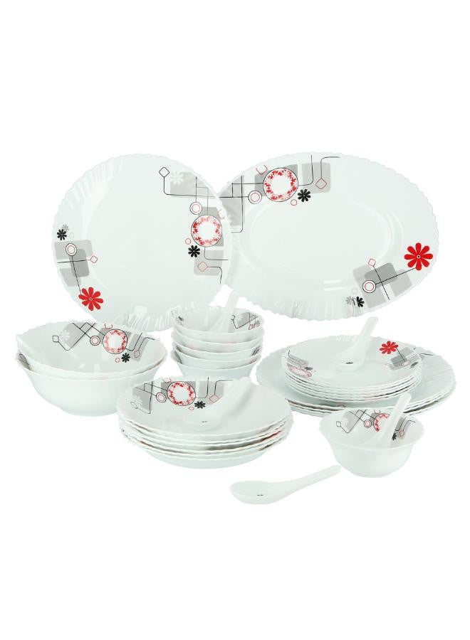 Royalford - 33-Piece Opal Ware Floral Dinner Set With 1X33 Cm Oval Plate, 6X27 Cm Dinner Plate, 6X22 Cm Soup Plate, 6X19 Cm Flat Plate, 2X20 Cm Salad Bowl, 6X13 Cm Salad Bowl, 6Xsoup Spoon, Serves 6 For Everyday Use, White White/Black/Red - Image 1