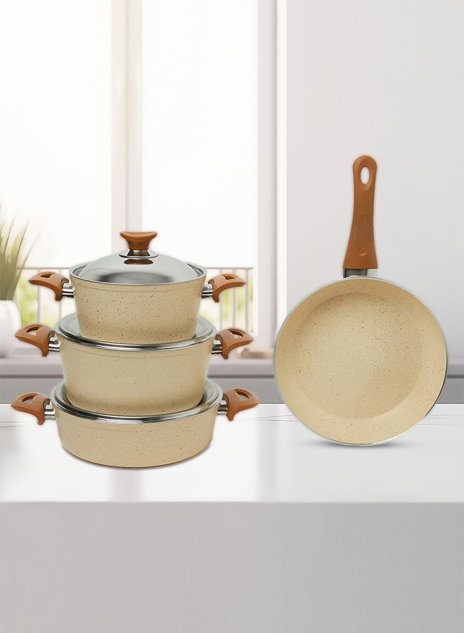 7 Pieces Turkish Granite Cookware Set With Steel Lid Beige 24x24x10.5cm 