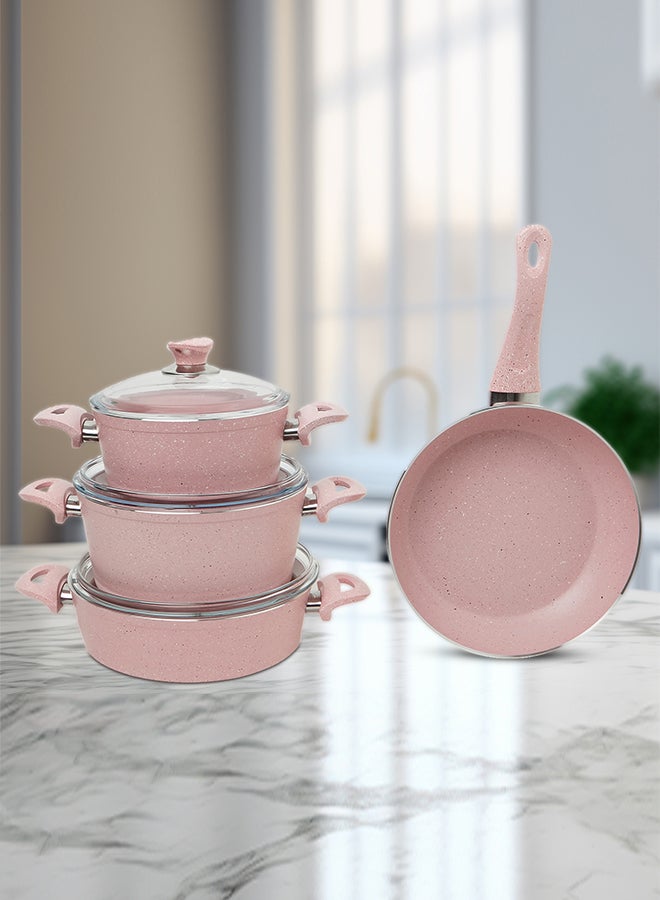 7 Pieces Turkish Granite Cookware Set With Pyrex Lid Pink 24x24x10.5cm 