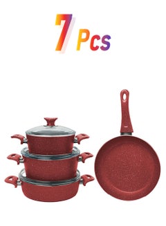 طقم قدور جرانيت مع أغطية بايركس مكون من 7 قطع صناعة تركية أحمر 24x24x10.5سم