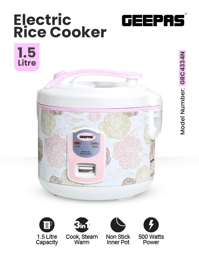 GEEPAS Non-Stick Electric Rice Cooker With Steaming Function, Non-Stick Inner Pot, Cool Touch Handle, Air Tight LID 1.5 L 544 W GRC4334N White/Pink/Green  - Image 2