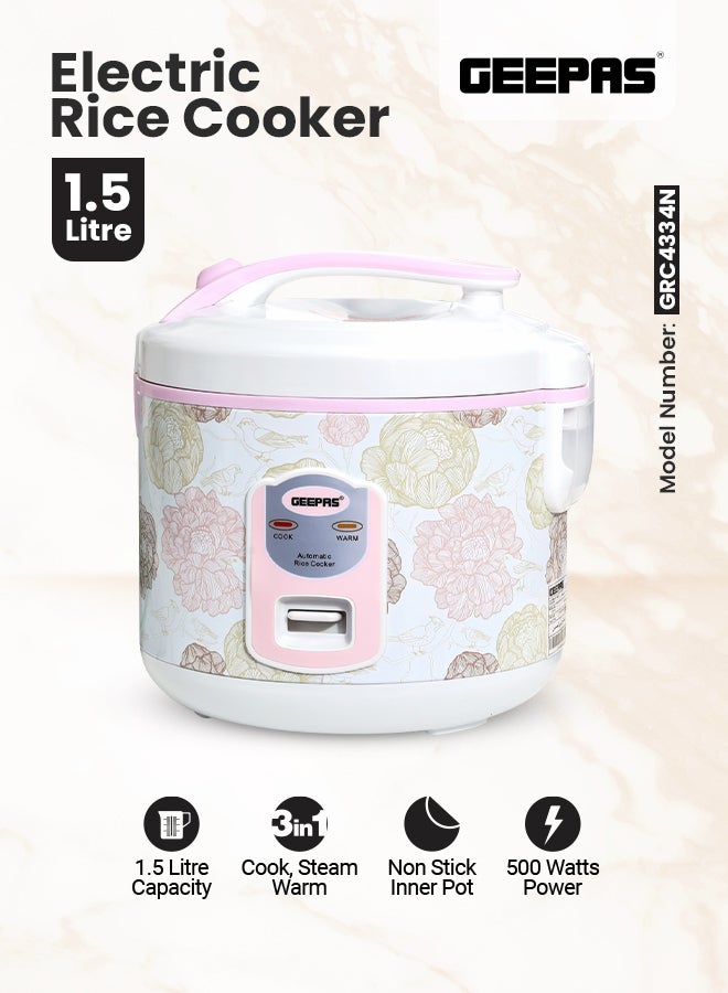 GEEPAS Non-Stick Electric Rice Cooker With Steaming Function, Non-Stick Inner Pot, Cool Touch Handle, Air Tight LID 1.5 L 544 W GRC4334N White/Pink/Green  - Image 1