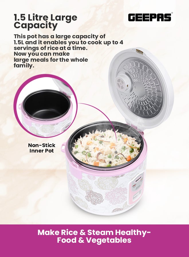 GEEPAS Non-Stick Electric Rice Cooker With Steaming Function, Non-Stick Inner Pot, Cool Touch Handle, Air Tight LID 1.5 L 544 W GRC4334N White/Pink/Green  - Image 3
