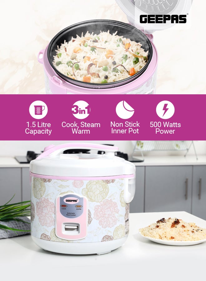 GEEPAS Non-Stick Electric Rice Cooker With Steaming Function, Non-Stick Inner Pot, Cool Touch Handle, Air Tight LID 1.5 L 544 W GRC4334N White/Pink/Green  - Image 5