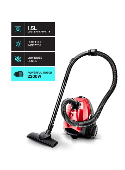 Vacuum Cleaner With 1.5 L Dust Bag Capacity and Dust Full Indicator| Powerful Suction and Low Noise| Includes Flexible Hose, Plastic Insert Tube and Plastic Floor Brush| Pedal Switch and Auto Rewinding 1.5 L 2200 W GVC2594 Red