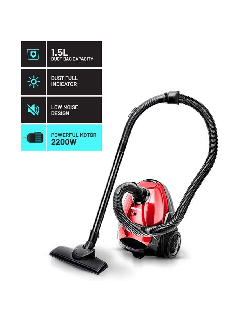 GEEPAS - Vacuum Cleaner With 1.5 L Dust Bag Capacity and Dust Full Indicator| Powerful Suction and Low Noise| Includes Flexible Hose, Plastic Insert Tube and Plastic Floor Brush| Pedal Switch and Auto Rewinding 1.5 L 2200 W GVC2594 Red - Image 1