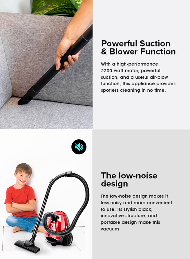 GEEPAS - Vacuum Cleaner With 1.5 L Dust Bag Capacity and Dust Full Indicator| Powerful Suction and Low Noise| Includes Flexible Hose, Plastic Insert Tube and Plastic Floor Brush| Pedal Switch and Auto Rewinding 1.5 L 2200 W GVC2594 Red - Image 1
