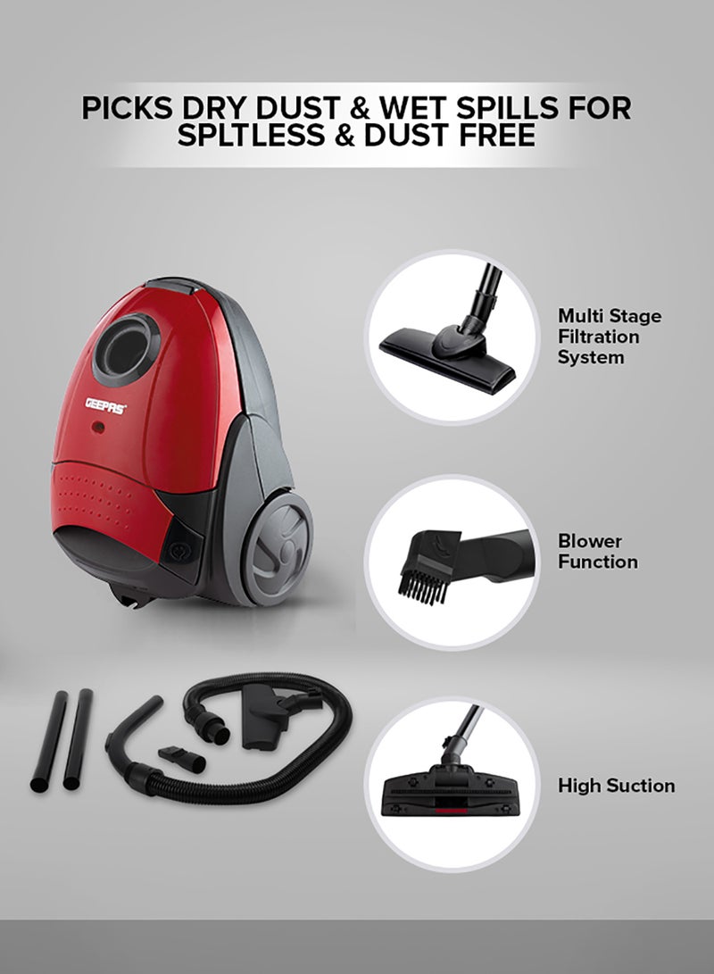 GEEPAS - Vacuum Cleaner With 1.5 L Dust Bag Capacity and Dust Full Indicator| Powerful Suction and Low Noise| Includes Flexible Hose, Plastic Insert Tube and Plastic Floor Brush| Pedal Switch and Auto Rewinding 1.5 L 2200 W GVC2594 Red - Image 1
