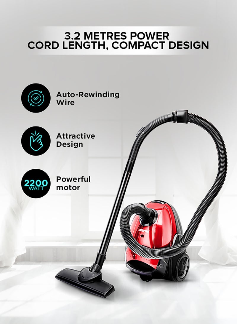 GEEPAS - Vacuum Cleaner With 1.5 L Dust Bag Capacity and Dust Full Indicator| Powerful Suction and Low Noise| Includes Flexible Hose, Plastic Insert Tube and Plastic Floor Brush| Pedal Switch and Auto Rewinding 1.5 L 2200 W GVC2594 Red - Image 1