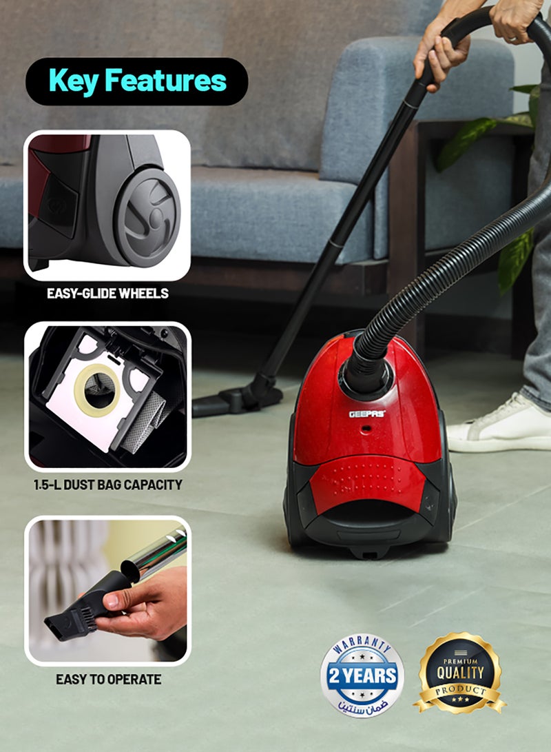 GEEPAS - Vacuum Cleaner With 1.5 L Dust Bag Capacity and Dust Full Indicator| Powerful Suction and Low Noise| Includes Flexible Hose, Plastic Insert Tube and Plastic Floor Brush| Pedal Switch and Auto Rewinding 1.5 L 2200 W GVC2594 Red - Image 1