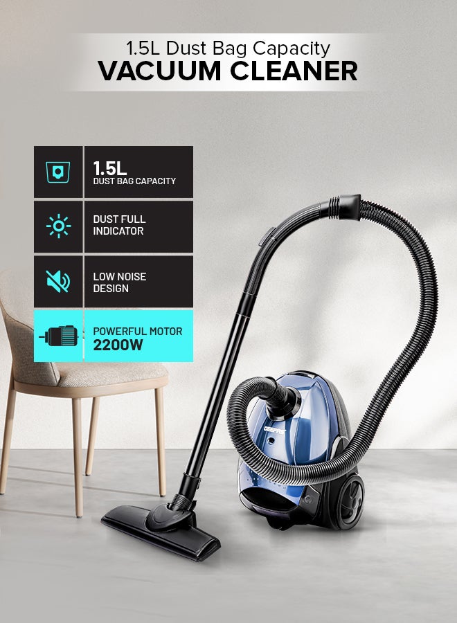 GEEPAS Vacuum Cleaner With 1.5 L Dust Bag Capacity and Dust Full Indicator| Powerful Suction and Low Noise| Includes Flexible Hose, Plastic Insert Tube and Plastic Floor Brush| Pedal Switch and Auto Rewinding 1.5 L 2200 W GVC2594 Blue, Black - Image 2