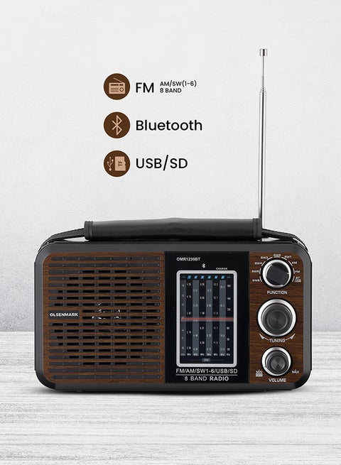 Portable FM/AM/SW Radio & Music Player with USB/SD/BT, High Sound Quality, Low Noise, Built-In Rechargeable Battery & Lightweight Design OMR1239BT Brown/Black