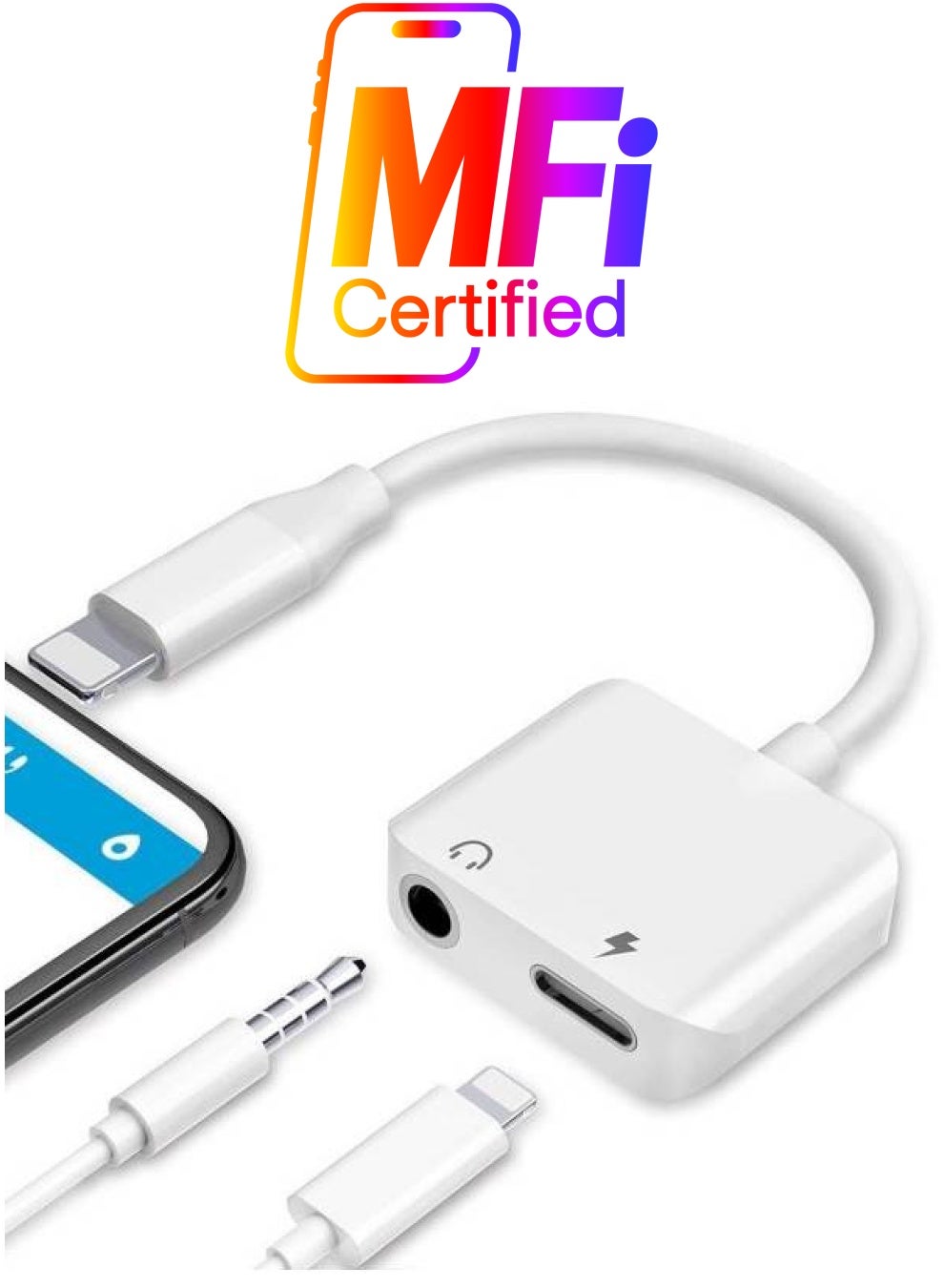 2 In 1 Headphone Jack Adaptor For Apple iPhone 8/8Plus/7/7Plus/X/10/Xs/XSmax White/Grey