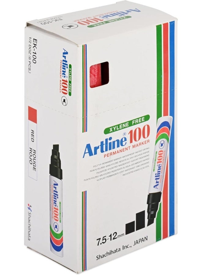ARTLINE® Jumbo Permanent Marker EK-100, Red, Box of 6, Xylene Free, Waterproof, Chisel Tip, Line Size 7.5-12mm Red - Image 1