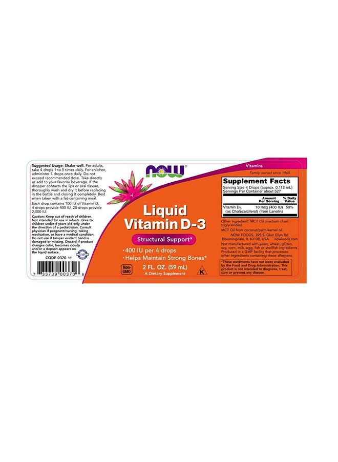 Now Foods - Liquid Vitamin D-3 400 IU 4 Dropper 59 ml - Image 1