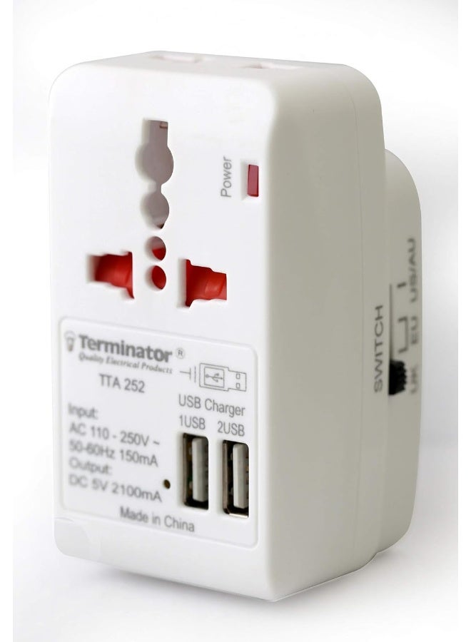 Terminator - Universal Socket Travel Adapter 13A With 2 USB Sockets White - Image 1