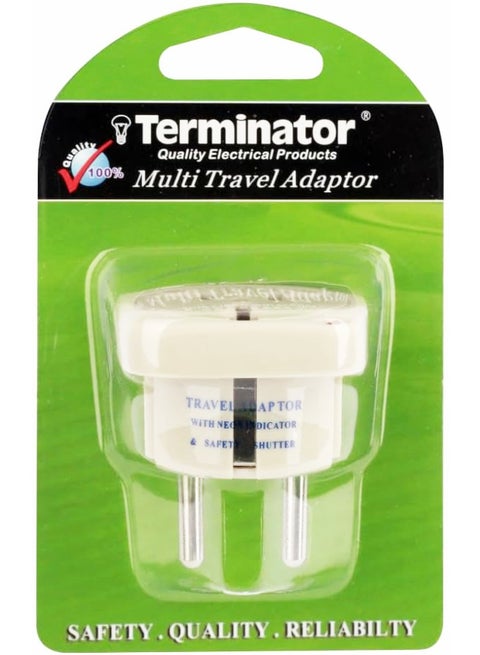 Terminator Multi Travel Adaptor Suchko To Universal Power Adapter UK/US/AU to EU Converter With Shutter & Indicator (TL15) White 11.2 x 7.5 x 4.5cm