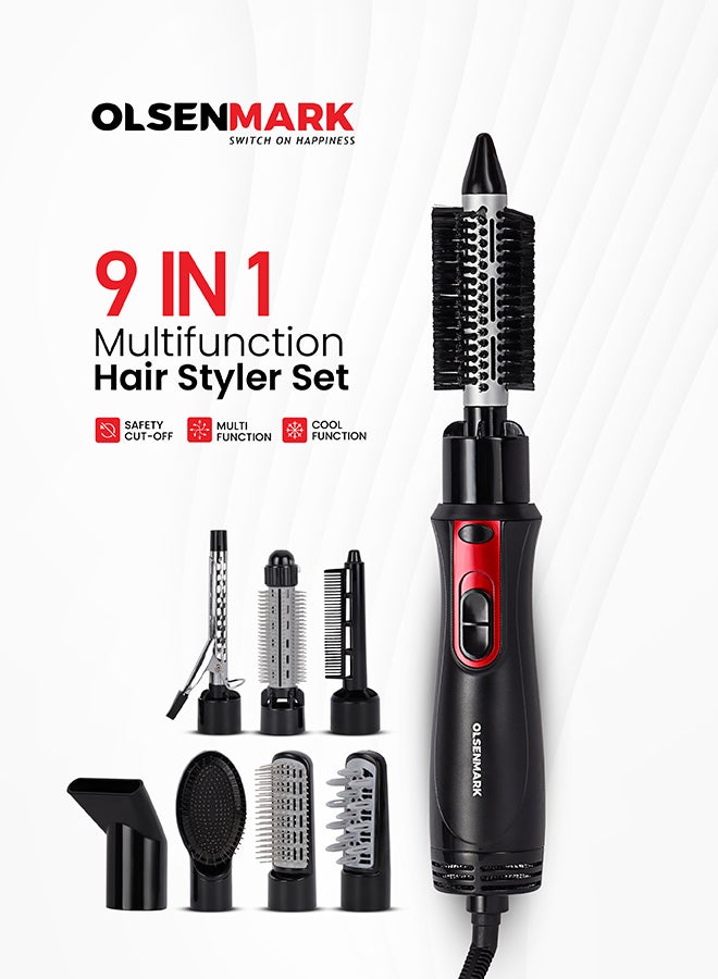 أولسنمارك مجموعة أدوات تصفيف، وتمليس، وتجعيد، وتمويج الشعر متعددة الاستخدامات بتصميم 9 في 1 طراز OMH4029 أسود/أحمر - Image 1