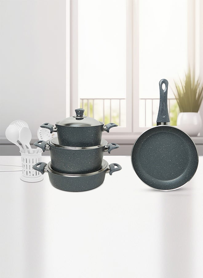 13 Pieces Turkish Granite Cookware Set With Steel Lid Grey 24x24x10.5cm 