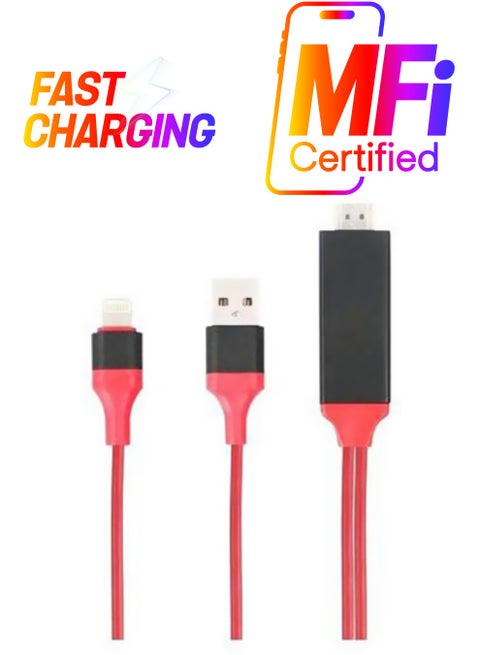 Lightning To HDMI Cable And HDTV Adapter Cord For Apple iPhone/iPad Red