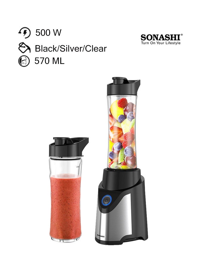 SONASHI Portable Sports Blender – One-Touch Button Smoothie Maker with 570ML BPA-Free Sports Bottle with Travel Lid | Stainless Steel Housing with LED Power Light 570 ml 500 W SB-184 Black/Silver/Clear 570 ml 500 W SB-184 Black/Silver/Clear 