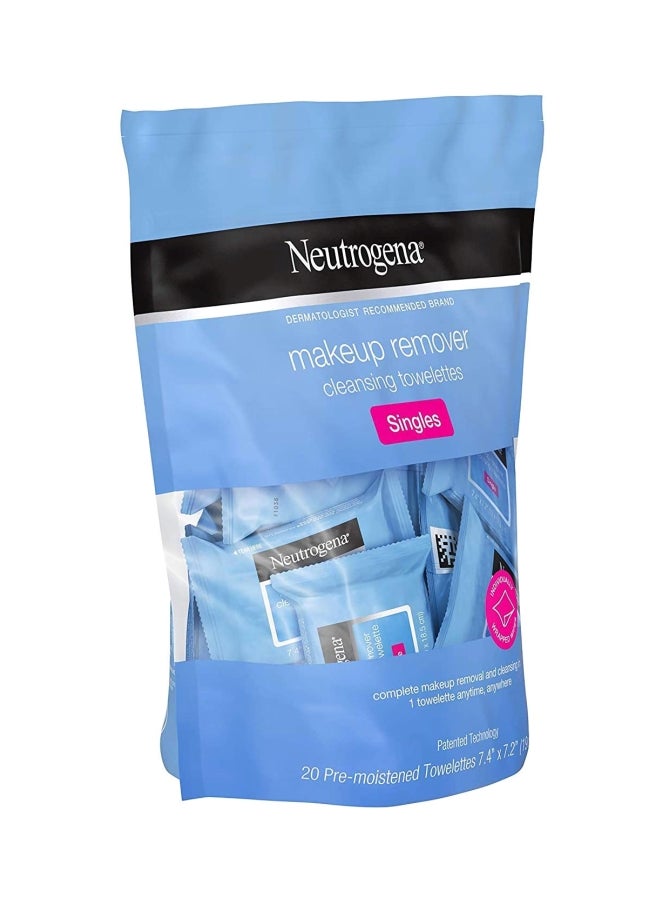 Neutrogena Makeup Remover Cleansing Towelette Singles Daily Face Wipes To Remove Dirt 20 Count (Pack Of 2) Blue 7.4 x 7.2 inchesinch - Image 3