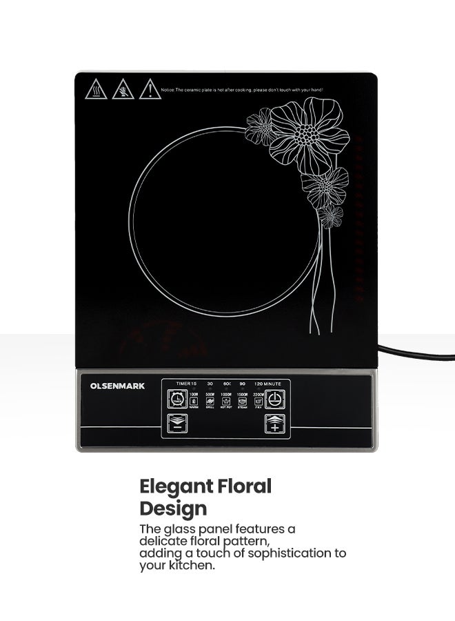 Olsenmark - Multi-Functional Single Electric Hob Infrared Cooker with Flat Bottom, High-Temperature Cookware, Frosted Ceramic Glass Panel/ Touch Button Controls 2200 W OMIC2091M Black - Image 1
