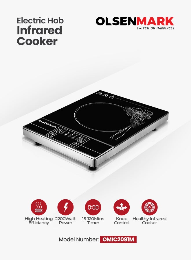 Olsenmark - Multi-Functional Single Electric Hob Infrared Cooker with Flat Bottom, High-Temperature Cookware, Frosted Ceramic Glass Panel/ Touch Button Controls 2200 W OMIC2091M Black - Image 1