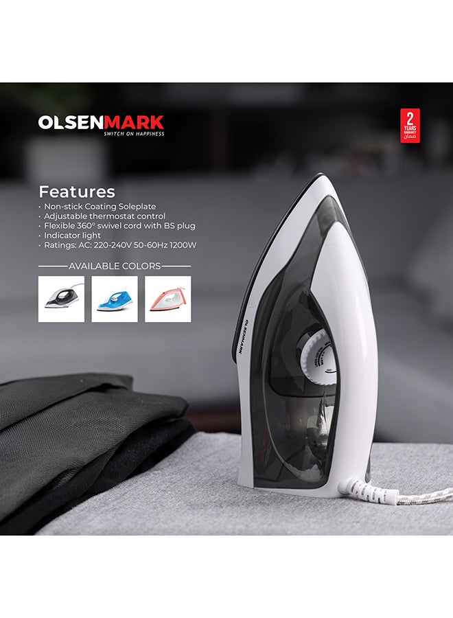 Dry Iron, Non-Stick Coating Plate, Light Weight, Adjustable Temperature, Pilot Light Indicator, Overheat Protection, 1200 W Omdi1679N White/Black