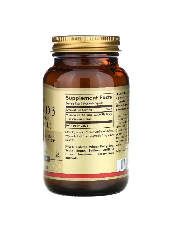 Solgar Vitamin D3 Cholecalciferol 55 Mcg 2200 Iu 100 Vegetable Capsules - Image 2
