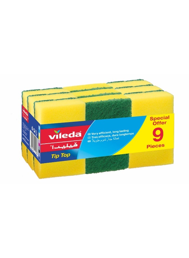 Vileda Tip Top Dish Washing Medium Foam Sponge Scourer Promo 9 Pcs, Long-Lasting and Durable, Sensitive Surfaces, Yellow & Green, (9 Pcs Per Pack). Green - Image 1