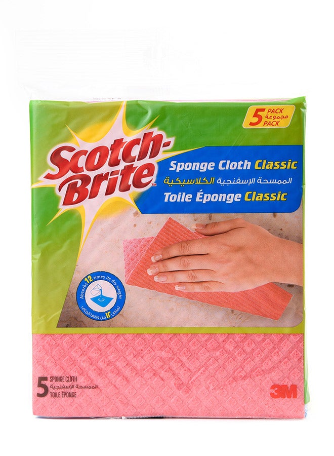 Scotch Brite Sponge Cloth Classic Pack of 5 Absorbent, Durable, Cleaning Wipes for Stain Removal Pink - Image 1