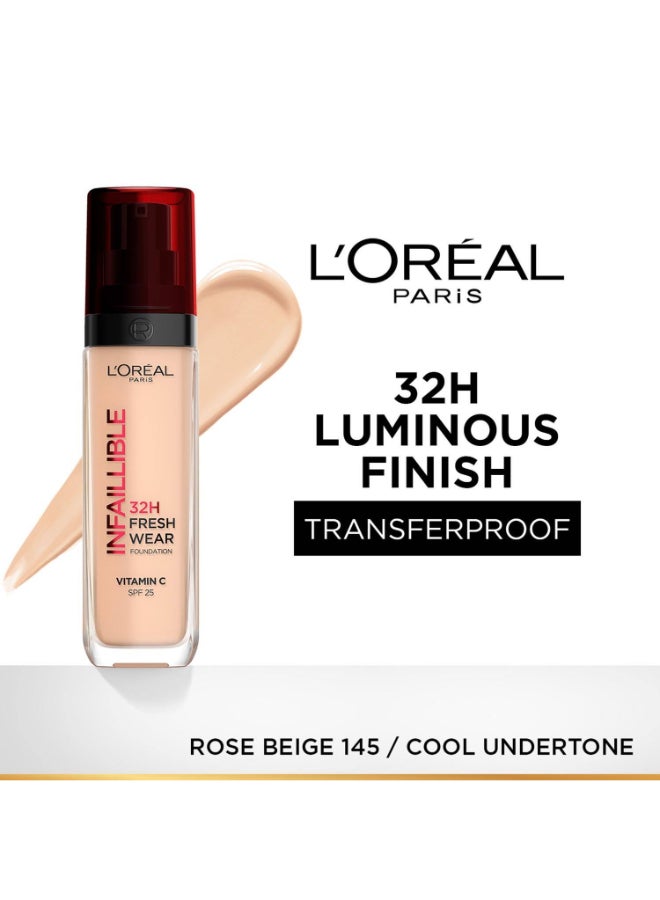 L'OREAL PARIS Infaillible 32H Fresh Wear Foundation -Spf 25 + Vitamin C 145 Cool Rose  - Image 2