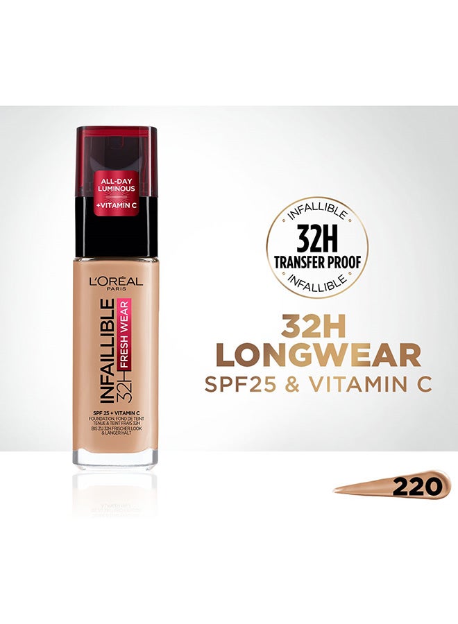 لوريال باريس كريم أساس لوريال باريس إنفاليبل 32 ساعة فريش وير 220 ساند - معامل حماية من الشمس 25 + فيتامين سي​ 220 رمل - Image 2