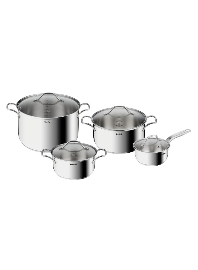 TEFAL Intuition 8 pc set | saucepan 16 cm+lid, stewpots 20/24+lids, stockpot 28 cm+lid | Premium Stainless steel 18/10 | Measuring marks | Glass lid | Induction | Stewing, Boiling | Recipe | B864S874 Silver 28cm - Image 1
