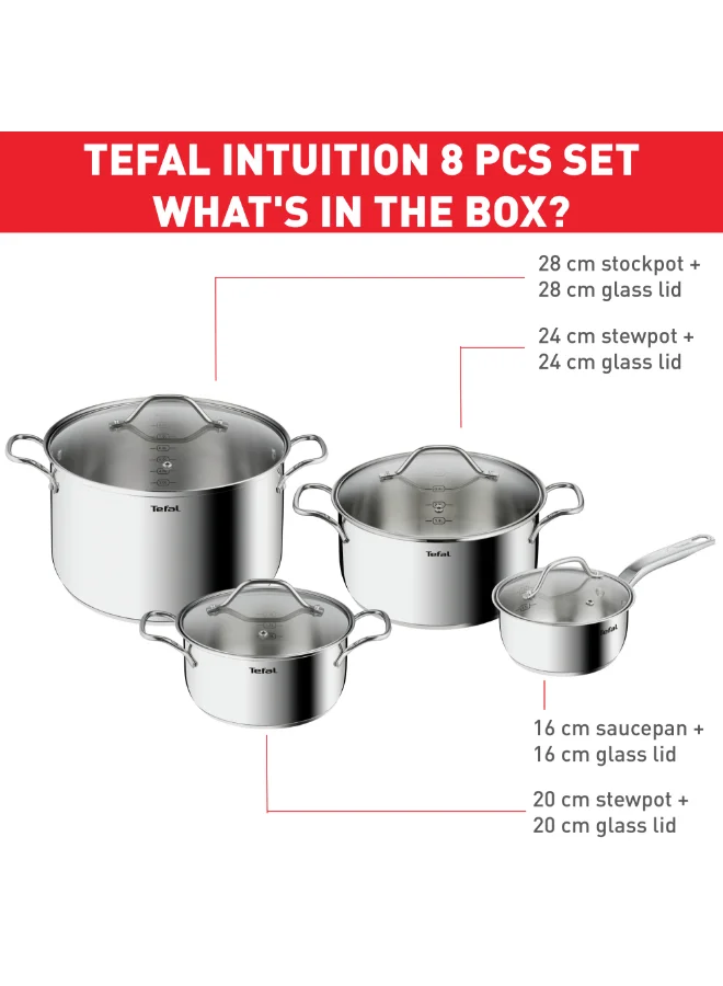 Tefal TEFAL Intuition 8 pc set | saucepan 16 cm+lid, stewpots 20/24+lids, stockpot 28 cm+lid | Premium Stainless steel 18/10 | Measuring marks | Glass lid | Induction | Stewing, Boiling | Recipe | B864S874