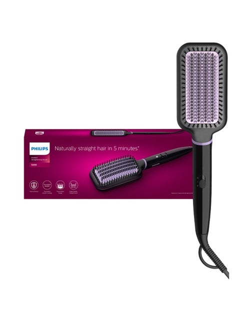 Heated straightening brush BHH880/03 | Naturally straight hair in 5 minutes | Tourmaline infused ceramic coating |2 temperature modes |Triple bristle detangles & protect the scalp Black/Purple