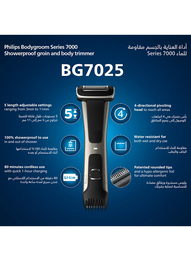 Philips Bodygroom BG7025/13,Showerproof Groin & Body Trimmer,Body Shaver, 5-Length Adjustable Comb,80min Cordless, Skin Protection