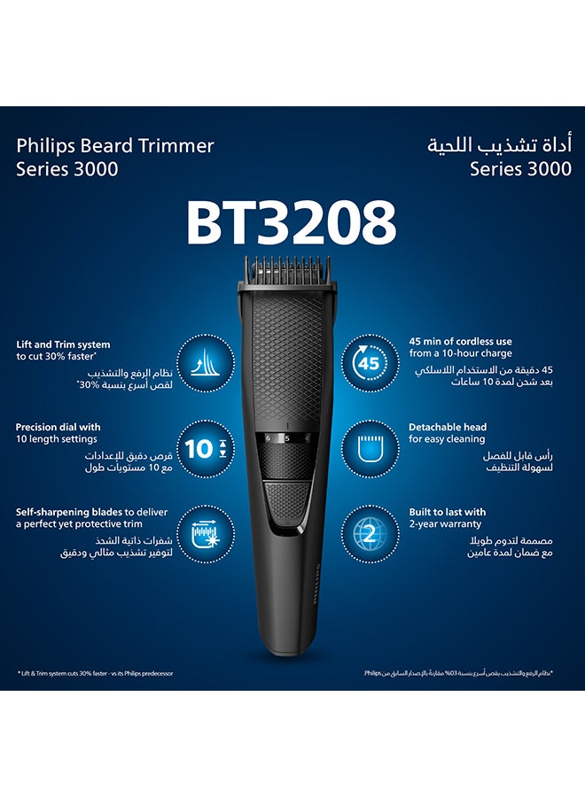 Philips Beard Trimmer BT3208/13,Precise Beard Styling for Effortless Grooming,10 Length Settings, Maintenance-Free Blades, No Oil Required,45min Cordless Use, Ergonomic Grip Black - Image 2