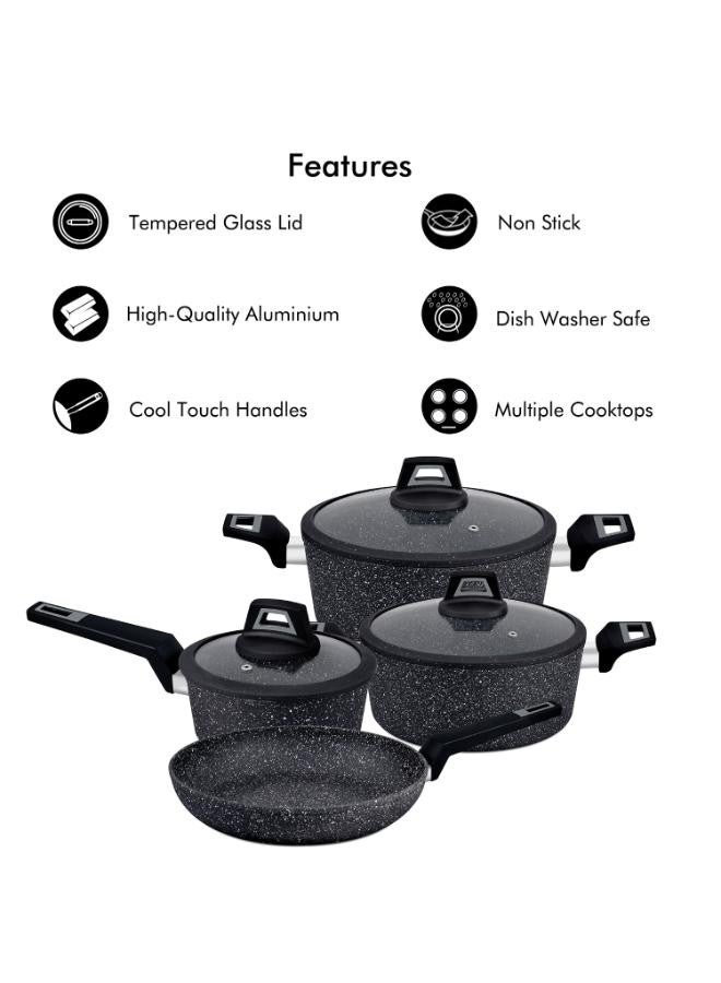 Royalford 7 Pieces Black Chefart Aluminium Cookware Set Granite Coated Induction Bottom 2.5Mm Body Thickness Soft Touch Handles Tempered Glass Lid 54X20X33Cm Multicolor Multicolor 28x12,24x10,28x5.3,16x7cm  - Image 3