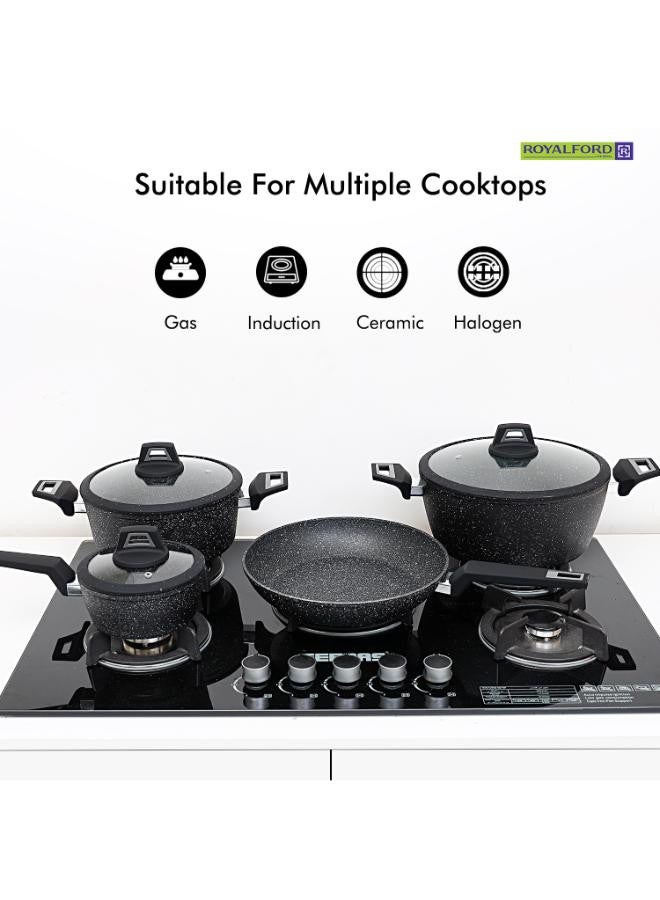 Royalford 7 Pieces Black Chefart Aluminium Cookware Set Granite Coated Induction Bottom 2.5Mm Body Thickness Soft Touch Handles Tempered Glass Lid 54X20X33Cm Multicolor Multicolor 28x12,24x10,28x5.3,16x7cm  - Image 2