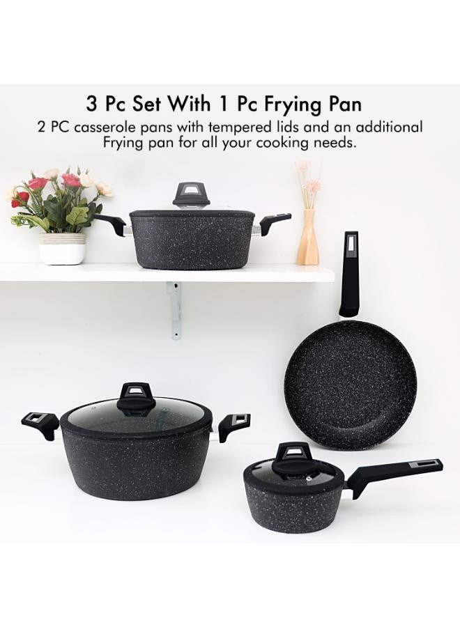 Royalford 7 Pieces Black Chefart Aluminium Cookware Set Granite Coated Induction Bottom 2.5Mm Body Thickness Soft Touch Handles Tempered Glass Lid 54X20X33Cm Multicolor Multicolor 28x12,24x10,28x5.3,16x7cm  - Image 4