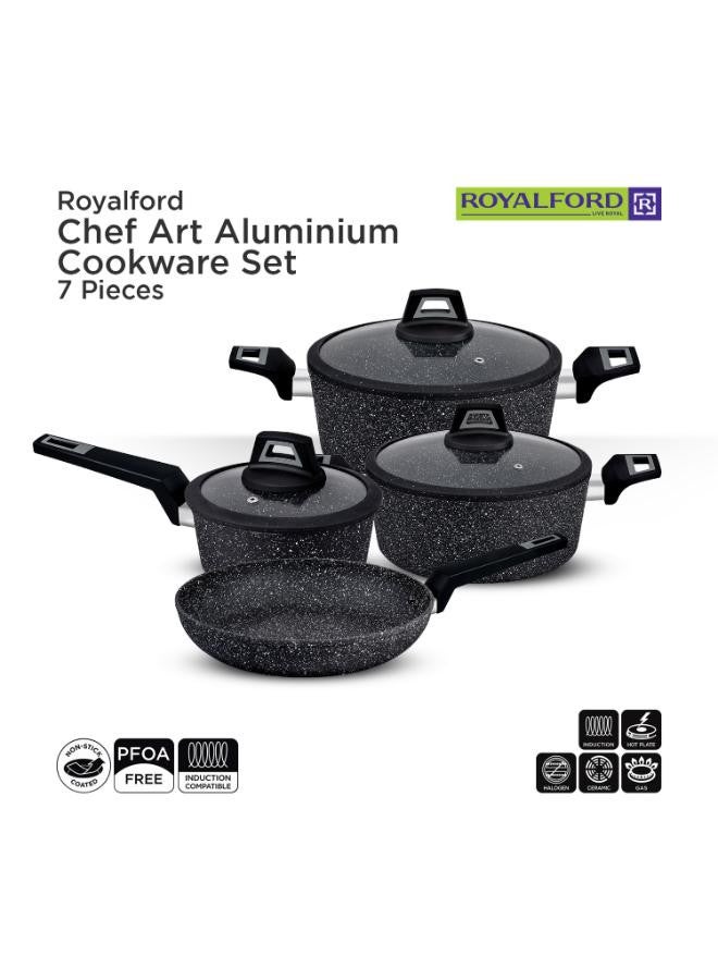 Royalford 7 Pieces Black Chefart Aluminium Cookware Set Granite Coated Induction Bottom 2.5Mm Body Thickness Soft Touch Handles Tempered Glass Lid 54X20X33Cm Multicolor Multicolor 28x12,24x10,28x5.3,16x7cm 