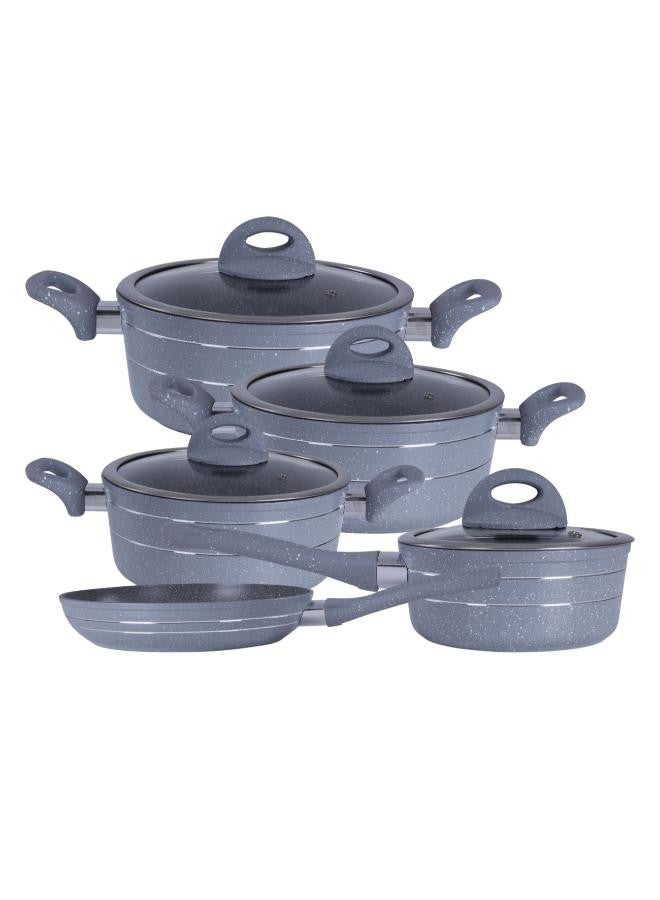 Royalford 9 Pieces Smart Granite Series Cookware Set Forged Aluminium Durable Granite Coating Grey 30x12.8cm 