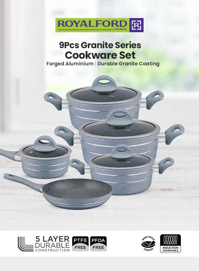 Royalford 9 Pieces Smart Granite Series Cookware Set Forged Aluminium Durable Granite Coating Grey 30x12.8cm  - Image 1