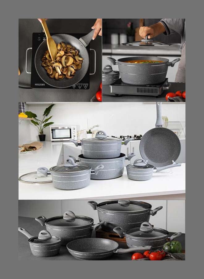 Royalford 9 Pieces Smart Granite Series Cookware Set Forged Aluminium Durable Granite Coating Grey 30x12.8cm  - Image 5