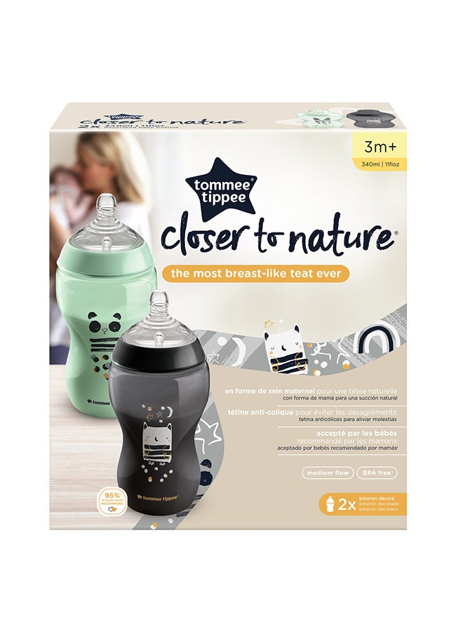 tommee tippee - Pack Of 2 Closer To Nature Baby Bottles, Medium-Flow Teat With Anti-Colic Valve 3 Months+, 340 ml Multicolor - Image 1