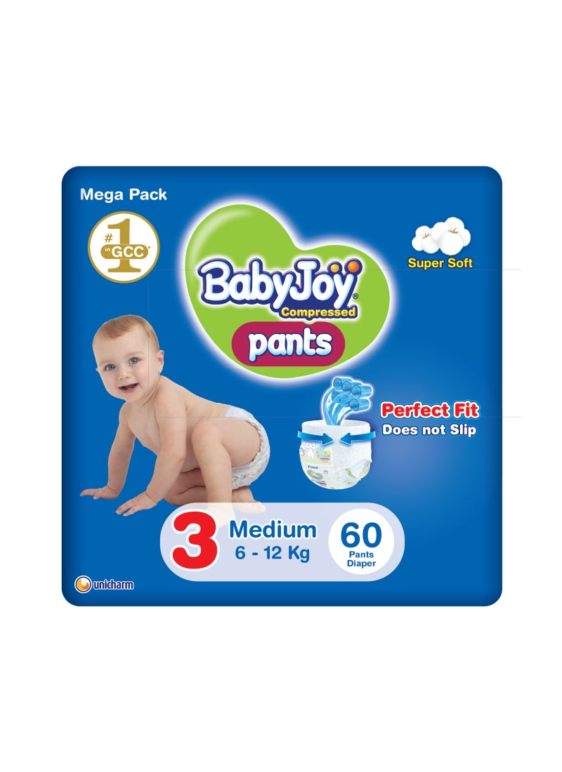 BabyJoy Compressed Culotte Pants Diaper, Size 3, Medium, 6-12 Kg, Mega Pack, 60 Diapers - Image 1